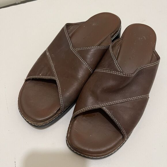 Clarks Criss Cross Brown Leather Slip On Slides Sandals Womens Size 8M VTG 2003 - Picture 5 of 13